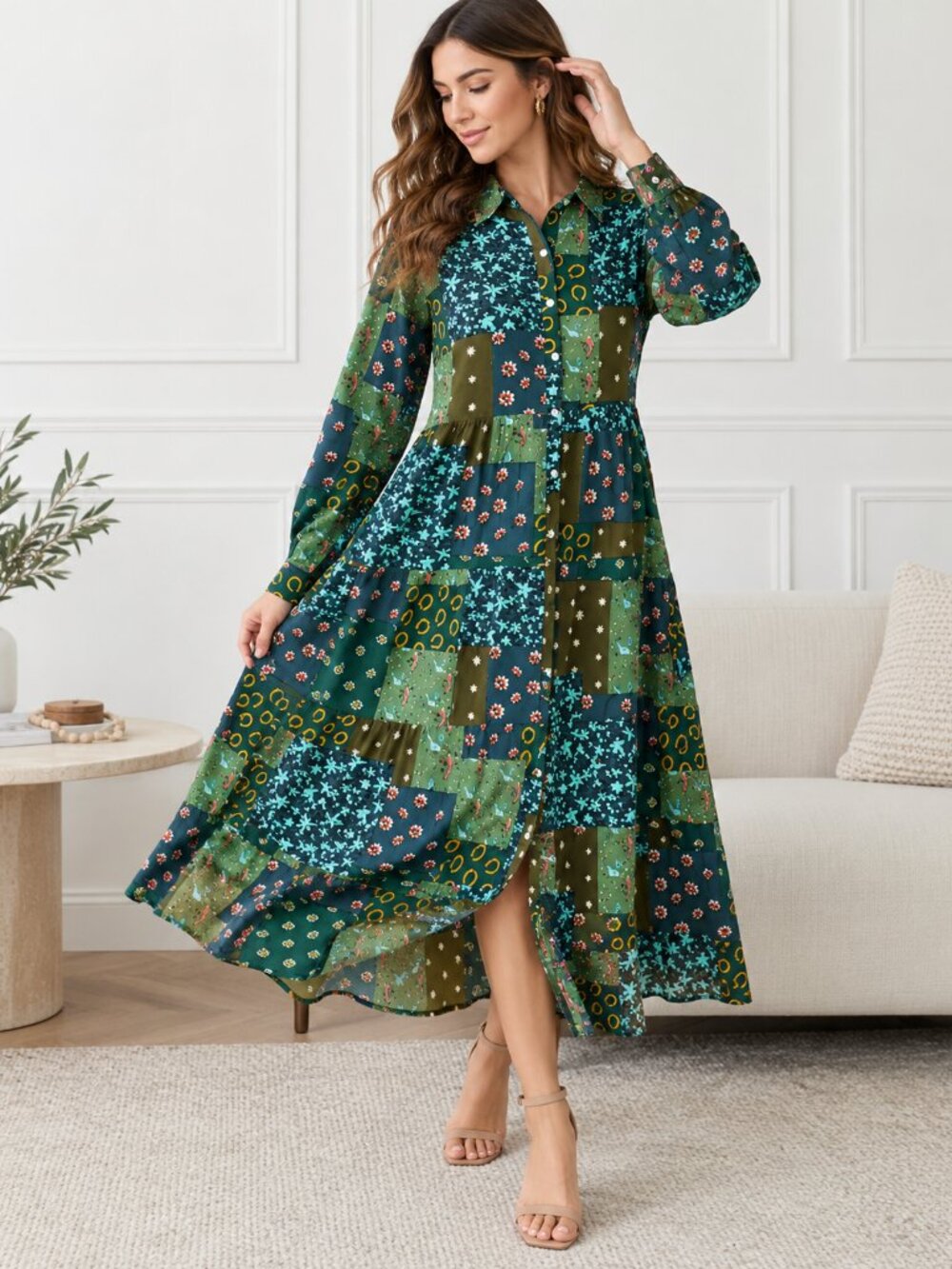 Boho Green Patchwork Floral Drop Waist Maxi Dress
